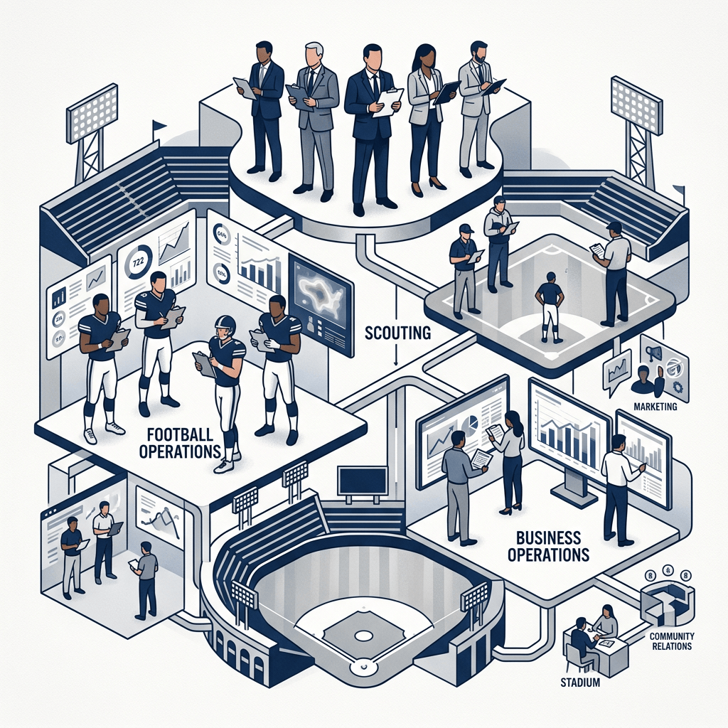 Illustration linking football operations, scouting, marketing, business operations, and community relations