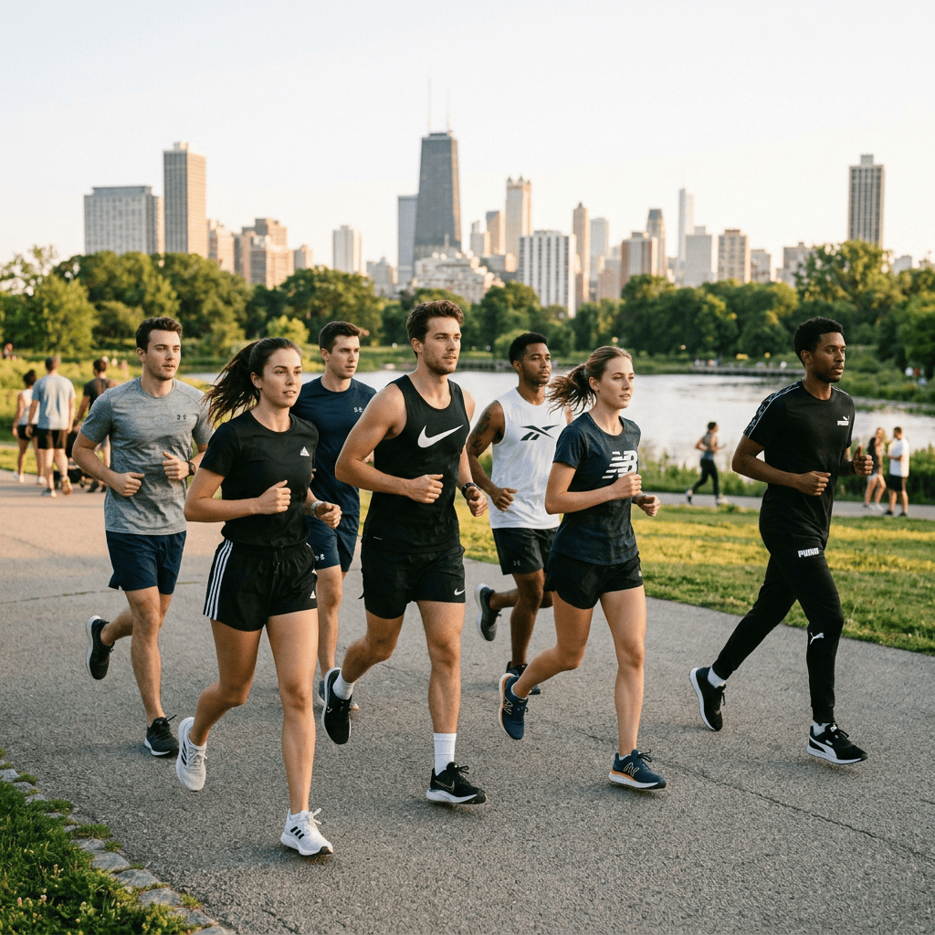 Six runners jogging along a lakeside path with Chicago skyline behind them